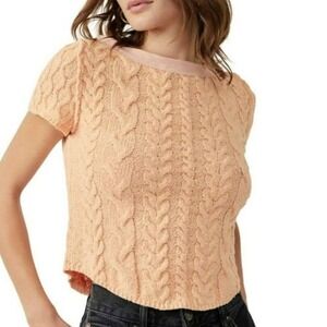 Free People Baby Cable short sleeve sweater Sz Medium cotton blend Peach Boho